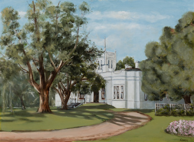 Painting of a large white house with a tower, curved driveway and surrounding grass and vegetation