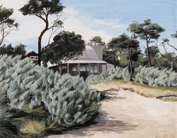 Painting of a building set within a coastal Australian landscape with a sandy track and lush vegetation