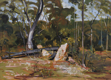 Painting of a densely vegetated landscape with a fallen tree and large rock in the foreground.