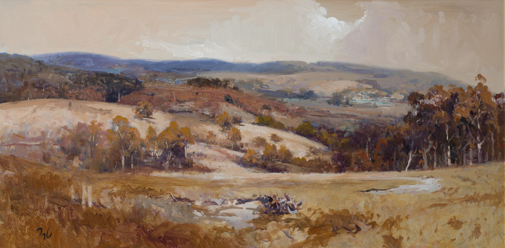 Panoramic painting of an Australian rural landscape with hills receding into the distance