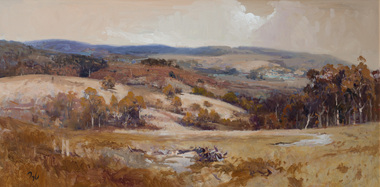 Panoramic painting of an Australian rural landscape with hills receding into the distance
