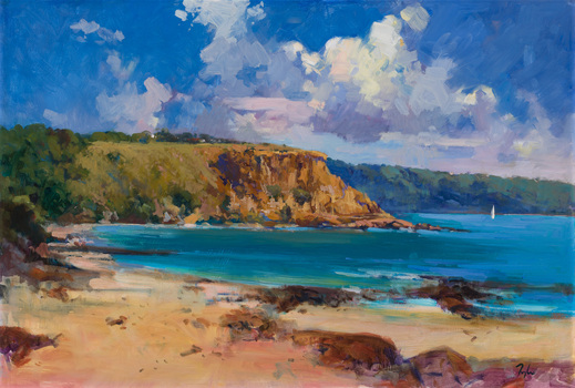 Painting of a coastal view with large protruding cliffs on the left, bright blue sea water and cloudy blue sky above