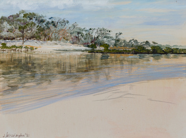 Painting of a river bed with sandy banks in foreground and trees and vegetation in distance