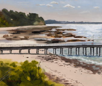 Painting of a pier over the beach, a rock pool in middle distance and vegetation in foreground and background