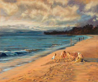 Painting of a beach scene, waves on the left, sand on the right, vegetation in distance. A group of children building sand castles in foreground, people walking on beach in middle ground.