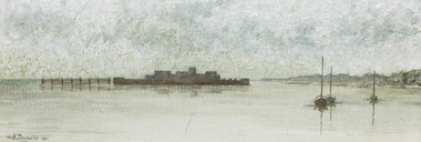 Muted painting in grey and white tones of a large sunk ship in the distance and 2 sail boats in the foreground