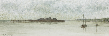 Muted painting in grey and white tones of a large sunk ship in the distance and 2 sail boats in the foreground