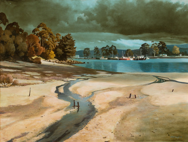 Painting of an Australian coastline with moored boats in the background and a small stream of water entering the bay from a sandy shoreline.