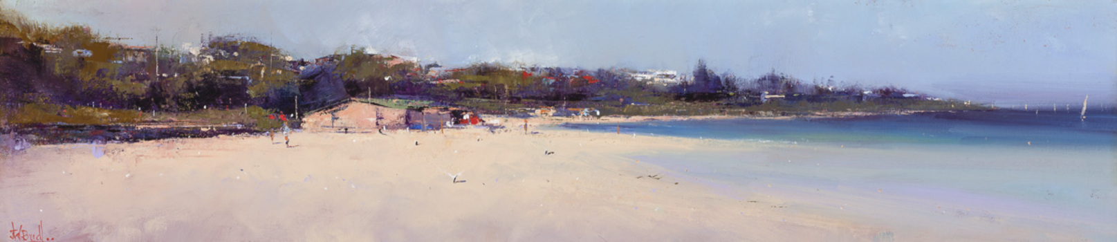 Panoramic painting of a beach scene with sand and shore line to the left and water to the right, in the centre there is a building and trees in the distance