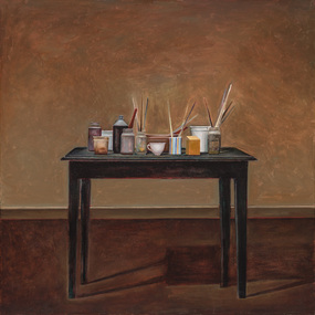 Painting of a black timber table covered with art materials such as paint brushes, jars and pots, set against a brown background