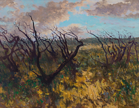 Painting of blackened trees in a yellow, green and brown field against blue sky with clouds. 