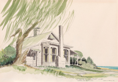Watercolour of a single storey white weatherboard house with green roof, large bay window and a chimney. Surrounded by green vegetation