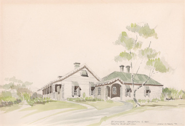 Watercolour of a single storey white building with green roof. Large tree by the pathway that leads to the house