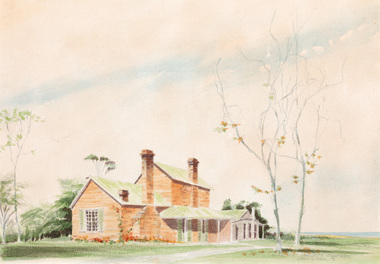 ouble storey brick house with green roof and green window shutters. Low flowering plants on the left of the house.