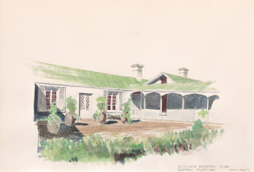 Watercolour of a white single storey residence with large courtyard in foreground.