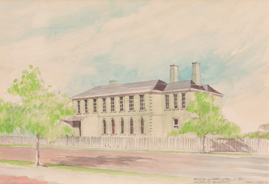 Watercolour of a two storey grey building with a picket fence