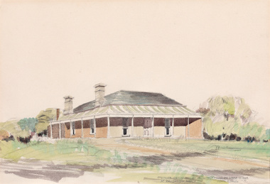 Watercolour of a single storey brown house with wrap around corrugated iron verandah surrounded by grass and shrubs.
