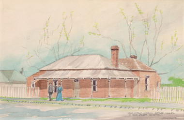 Watercolour of a single storey brick building with front porch, white picket fence on either side of house.
