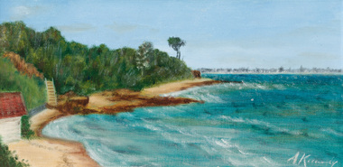 Painting of a beach scene. Coast line curves to the left with green vegetation atop the mounds and the sea is to the right.