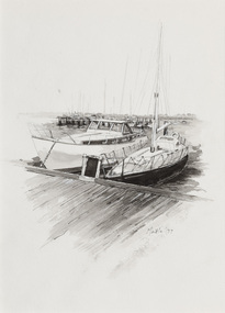 Black and white drawing of a Yacht Club illustrating two yachts moored at dock. Other moorings and water in background.