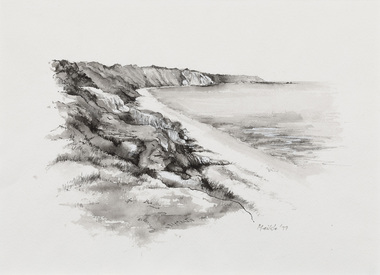 Black and white drawing of a sweeping coast line with cliffs in the distance and the water to the right.