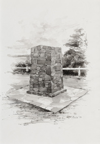 Black and white image of a stone plinth or cairn set on crazy paving slab. Coastline just visible in background, behind a timber post fence.