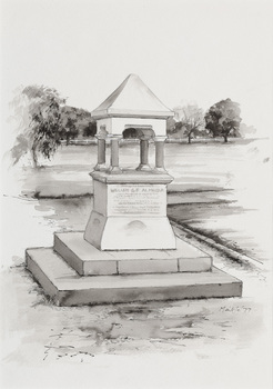 Black and white image of a drinking fountain with pyramid top supported by four column positioned on a two level base within a parkland setting.