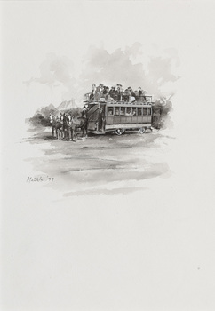 Black and white illustration of a double-decker tram harnessed to three horses. The top of the tram is open.