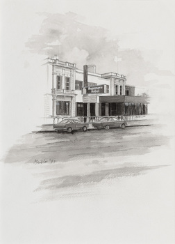 Black and white illustration of a two-storey commercial building with late Victorian façade.