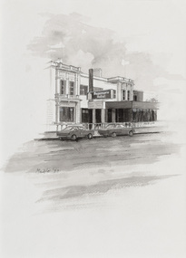 Black and white illustration of a two-storey commercial building with late Victorian façade.