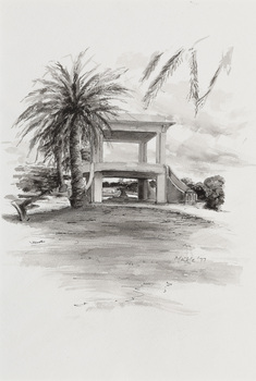 Black and white illustration of a two-storey band rotunda. Circular base, with squared roof line. Surrounded by vegetation including large palm trees.