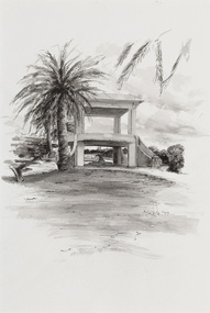 Black and white illustration of a two-storey band rotunda. Circular base, with squared roof line. Surrounded by vegetation including large palm trees.