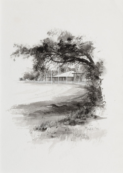 Black and white illustration of corner of an oval, with football posts at the end. A building with verandah appears behind the posts.