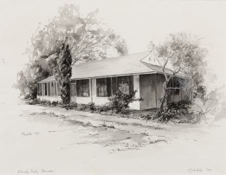Black and white illustration of a Victorian-style building with verandah. The verandah has been enclosed at the left of the image.