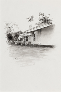 Black and white illlustration of a portion of a weatherboard house with partial verandah and one chimney visible.