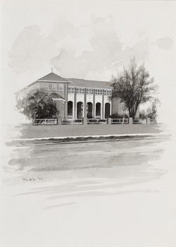 Black and white illustration of a brick two storey building with rendered archways and a ross atop the roof.