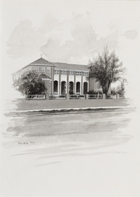 Black and white illustration of a brick two storey building with rendered archways and a ross atop the roof.