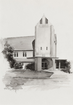 Black and white illustration of a church with a tower at right of building, topped by cross