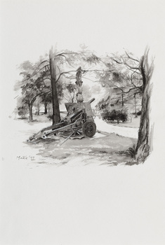 Black and white illustration of a military cannon positioned in a park amongst trees along a winding driveway