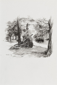 Black and white illustration of a military cannon positioned in a park amongst trees along a winding driveway