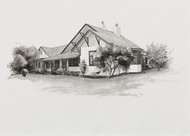 Black and white illustration of a house in early 20th arts and crafts century style surrounded by shrubs