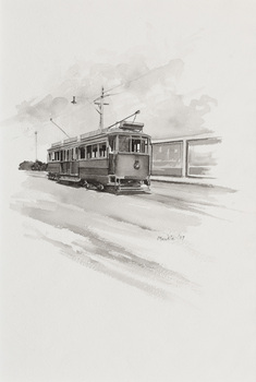 Black and white illustration of an electric tram on a bare road with some vegetation in background.
