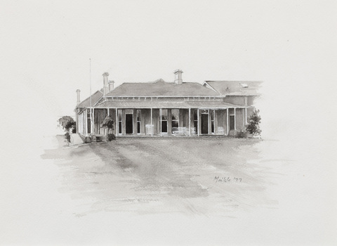 Black and white illustration of a house in late Victorian style, with a verandah, chimneys and flagpole.