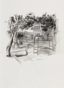 Black and white illustration of two-storeyed building, barely visible through trees. A piece of playground equipment dominates the foreground.