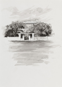 Black and white illustration of a two-storeyed house. Only the central portion is visible behind vegetation. 