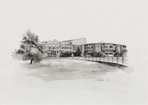 Black and white illustration of a modern two-storeyed building. The exterior is curved, with other curved and tapering roofs visible behind. A large tree to the left and row of trees to the right