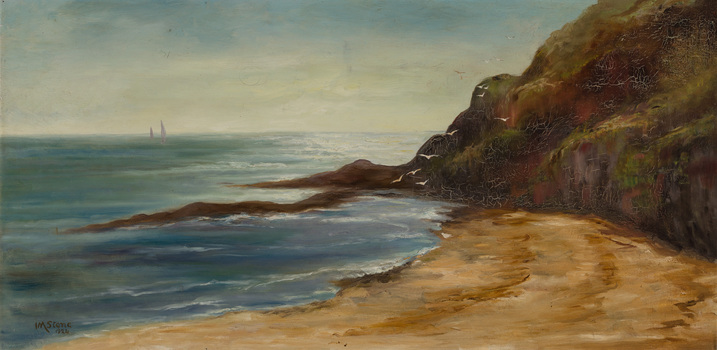 Painting of a beach scene with rocky hill on right, water to the left with two yachts on the horizon.