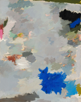 Abstract painting with a blue/grey base and thick, textural splotches of coloured paint.