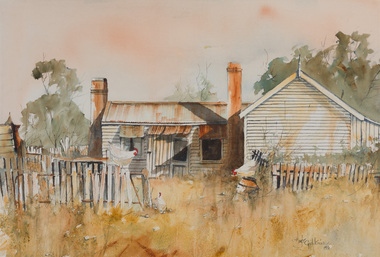 Watercolour of a white weatherboard building with tin roof, orange chimneys and white ramshackle picket fence