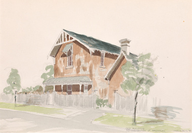 Watercolour of a brown two storey building with green roof and verandah, white picket fence. Road with trees on nature strip in foreground.